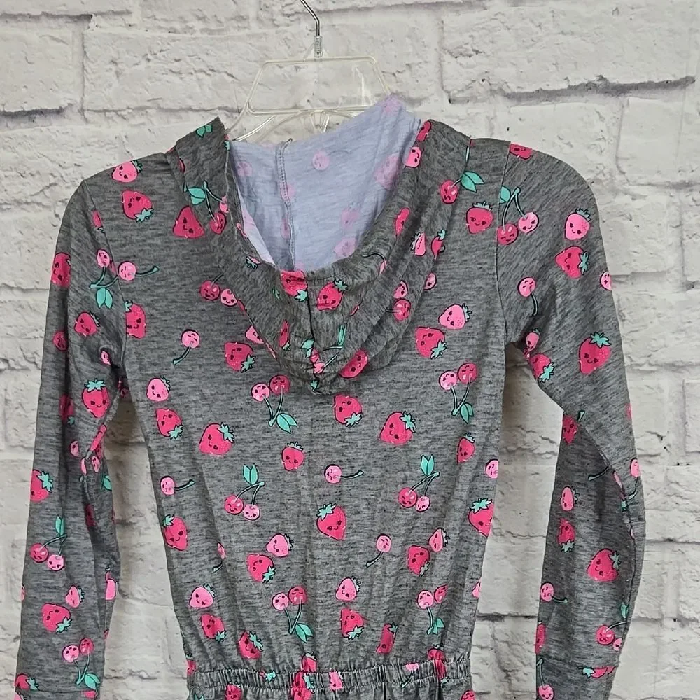 Justice Strawberry Pajama Romper Girls 6 7 Hooded Sleepwear Lounge One Piece Pjs